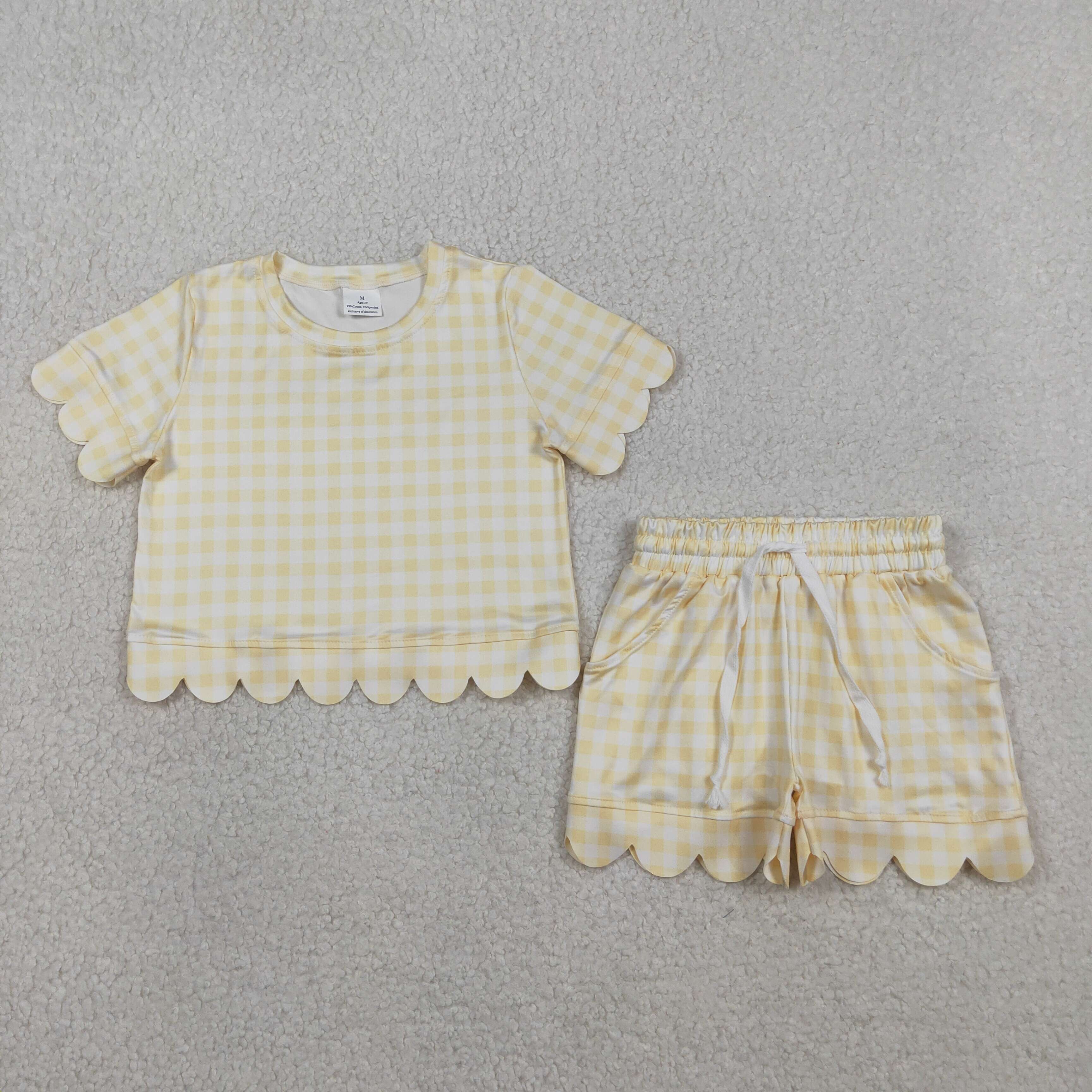 Baby Girls Yellow Checkered Scallop Shirt Shorts Sets: 4T
