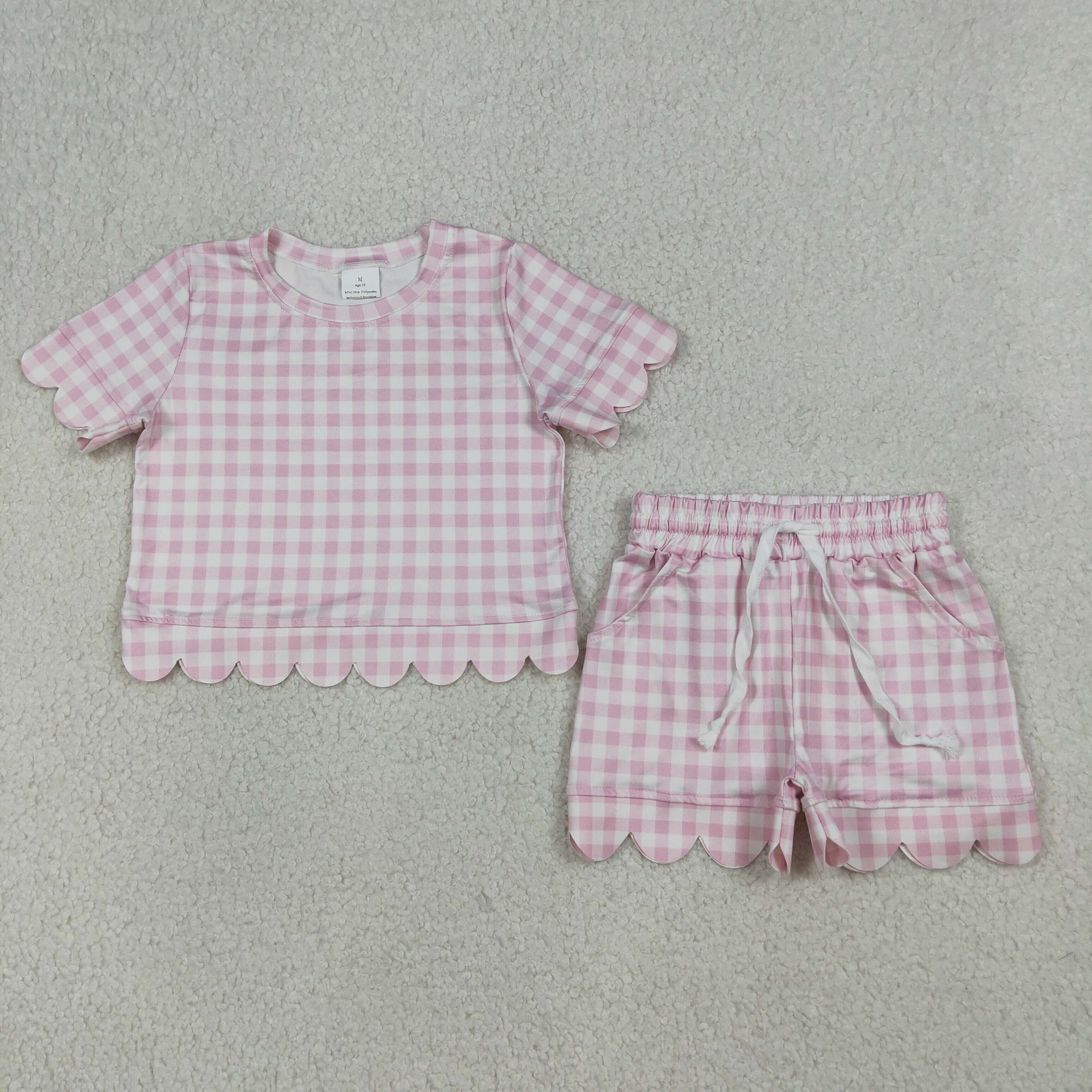 Baby Girls Pink Checkered Scallop Shirt Shorts Sets: 4T