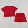 Baby Girls Red Cotton Summer Scallop Shirt Shorts Sets : 2T