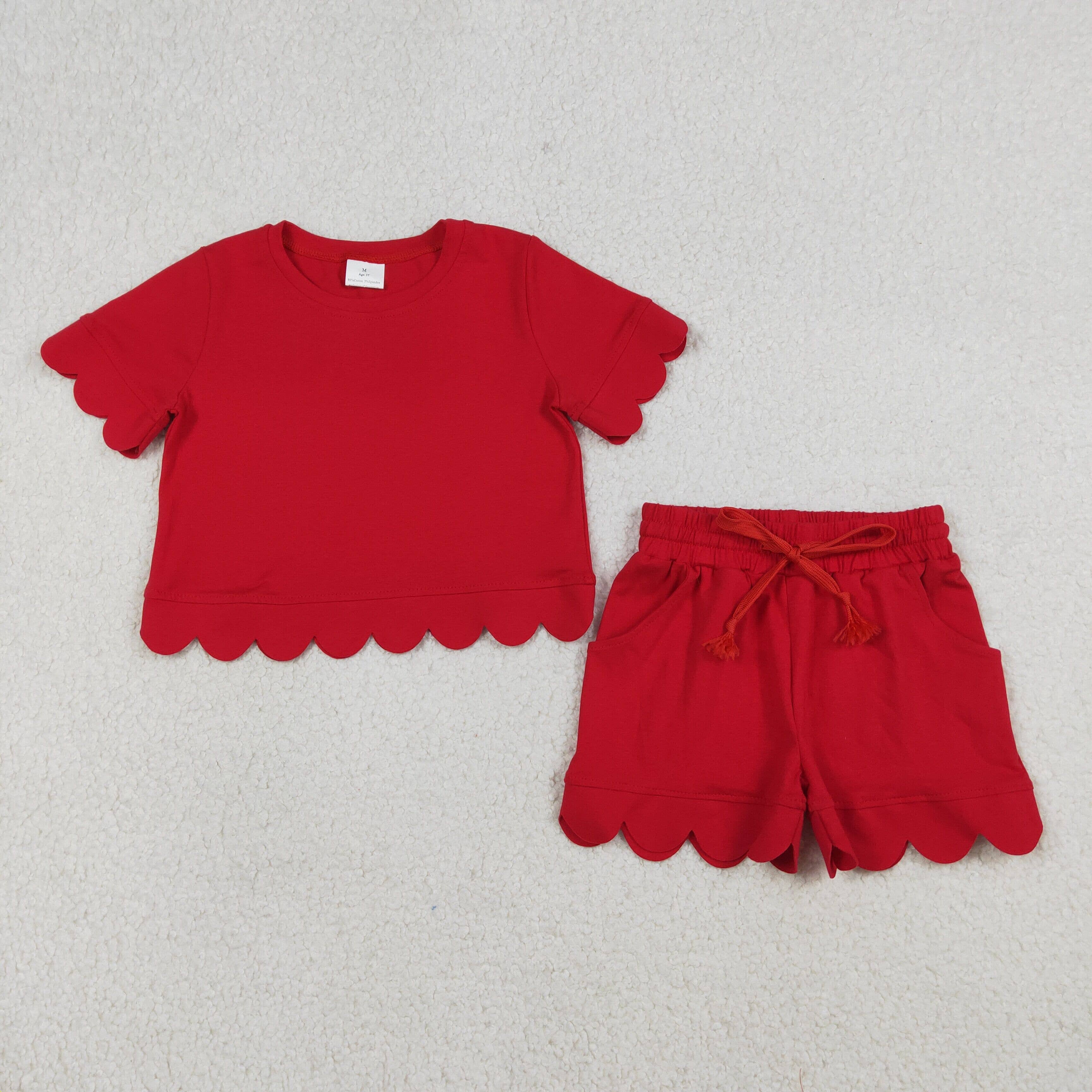Baby Girls Red Cotton Summer Scallop Shirt Shorts Sets : 2T