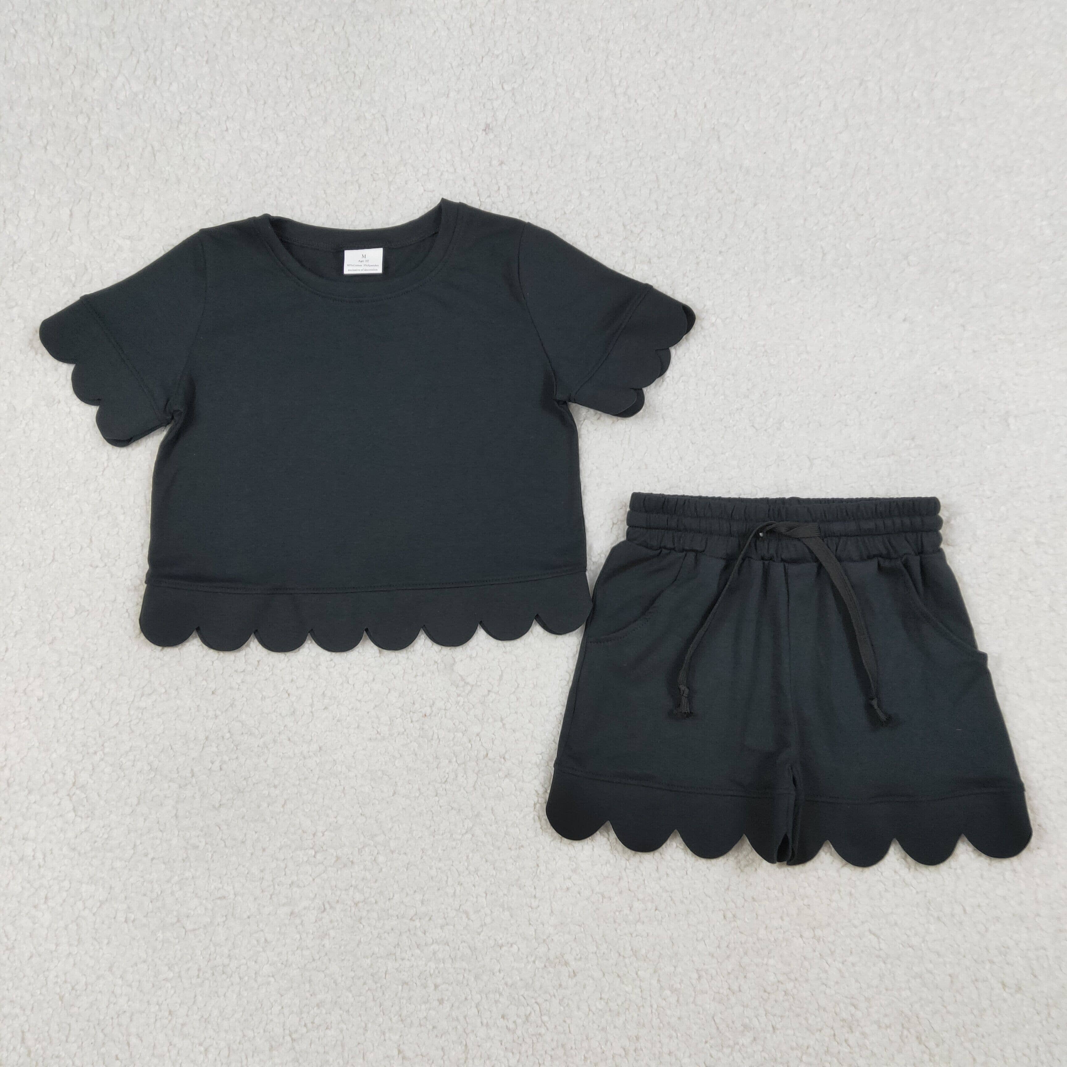 Baby Girls Black Cotton Scallop Shirt Shorts Sets : 4T