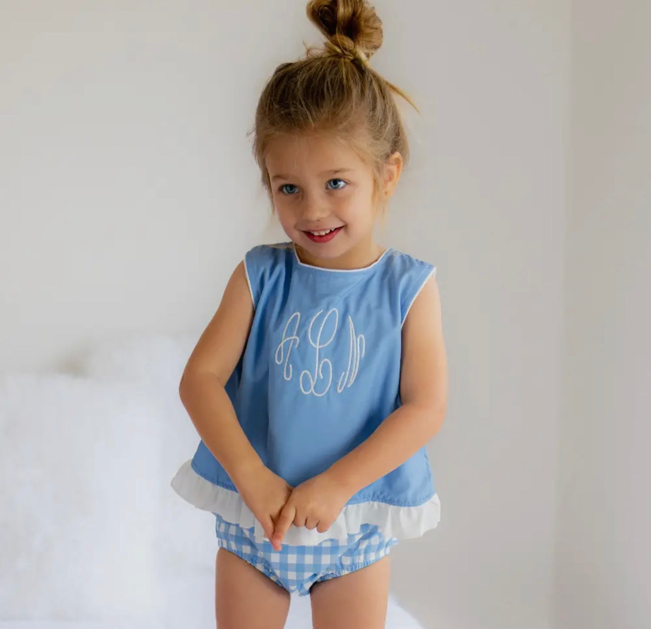 Girls Ruffle Trimmed Swing Back Bloomer Set- Blue